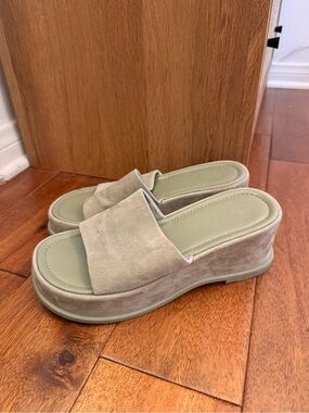 Women’s Sage Green Platform Slide Sandals - Soft Genuine Suede Upper Mules